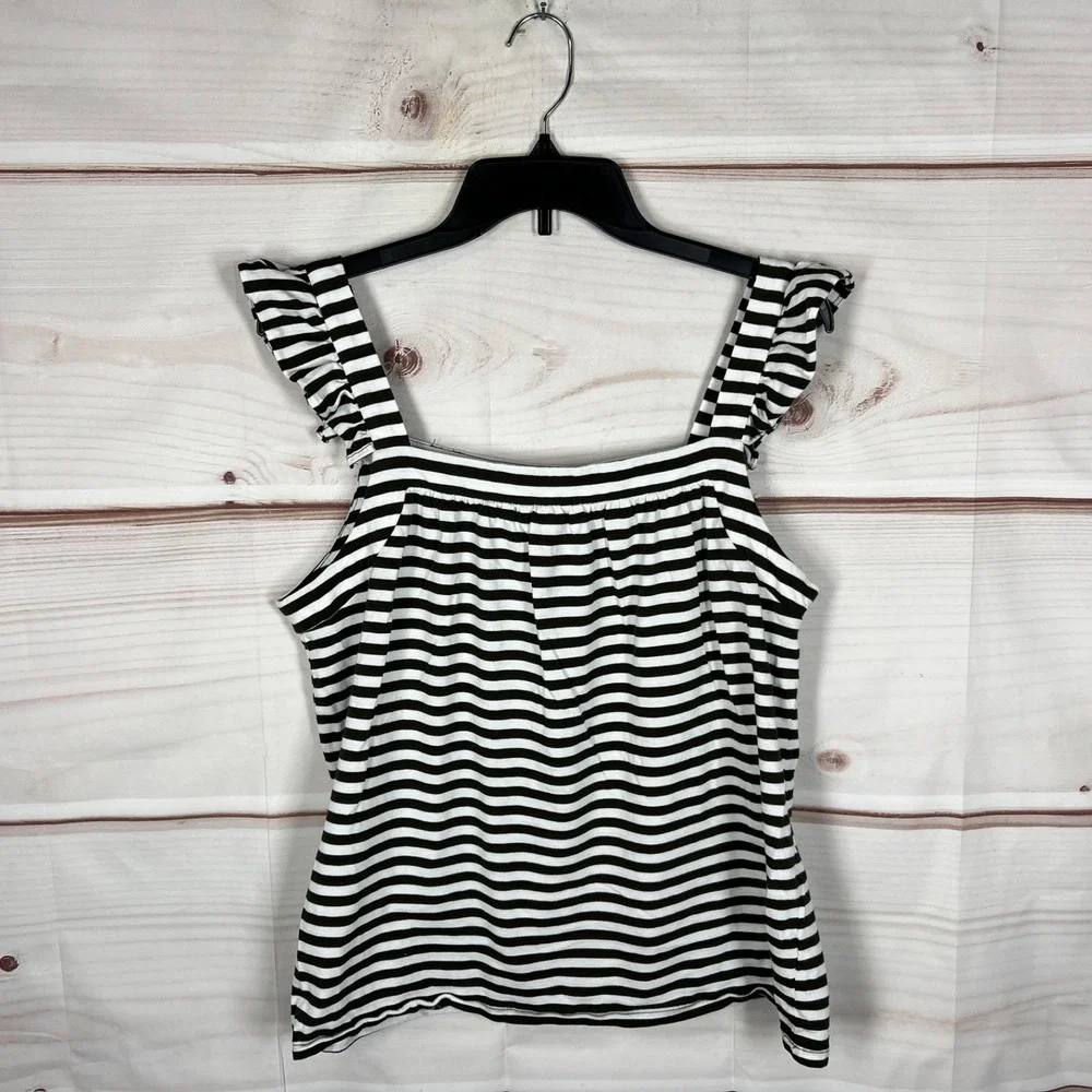 Michael Kors Top Womens Large Green Stripe Tank Flutter Strap Cotton Modal Knit